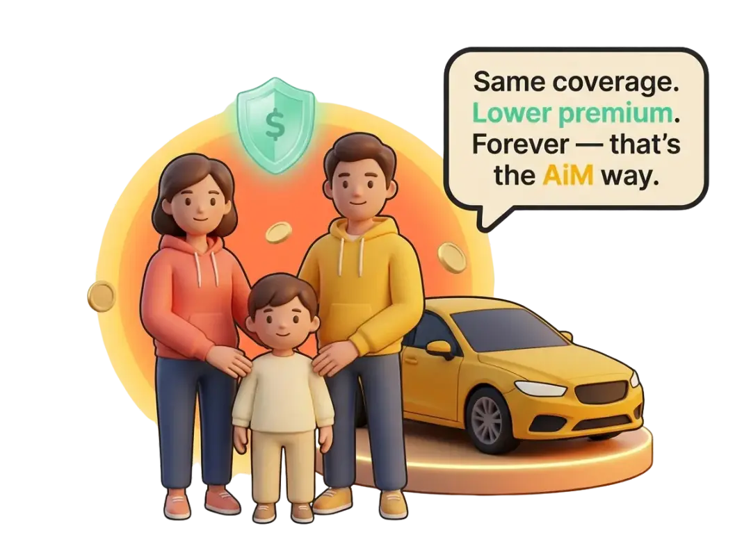 Happy AiM family standing beside their car, same coverage, lower premium